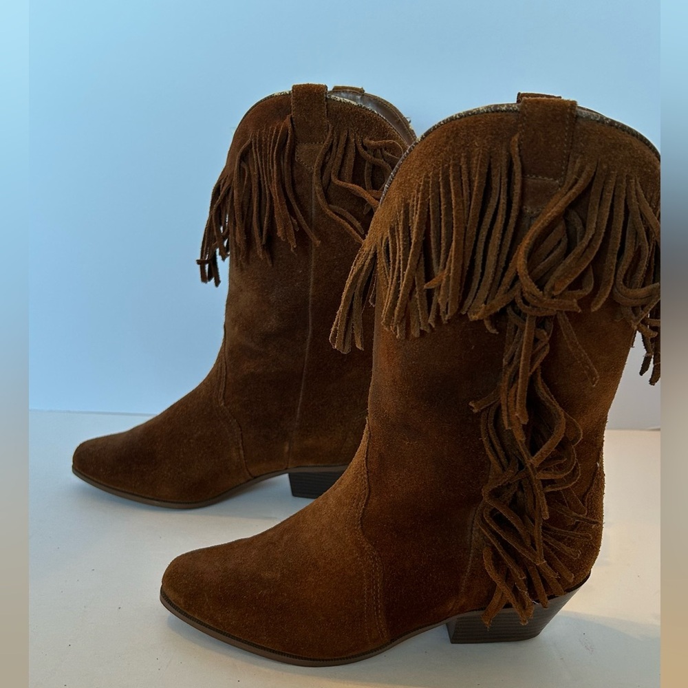 Brown Suede Fringe Heeled Boots - Women